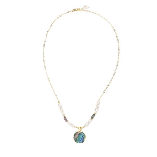 laiton collier, avec coquille d'ormeau & perle d'eau douce cultivée, Placage de couleur d'or, bijoux de mode & pour femme, Longueur Environ 56 cm, Vendu par paire