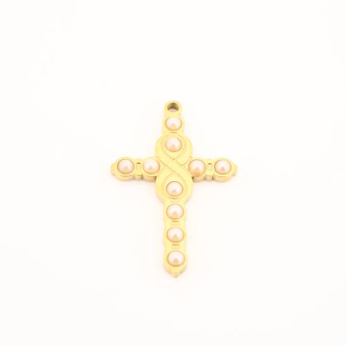Stainless Steel Cross Pendants 304 Stainless Steel with Plastic Pearl gold color plated DIY Sold By PC