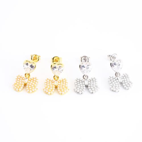 Messinki Drop Korvakorut, kanssa Muovi Pearl, Bowknot, päällystetty, Micro Pave kuutiometriä zirkonia & naiselle, enemmän värejä valinta, 19x14x15mm, Myymät Pair