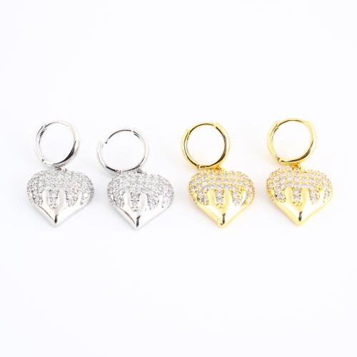 Brass Huggie Hoop Drop Earring Heart plated micro pave cubic zirconia & for woman Sold By Pair