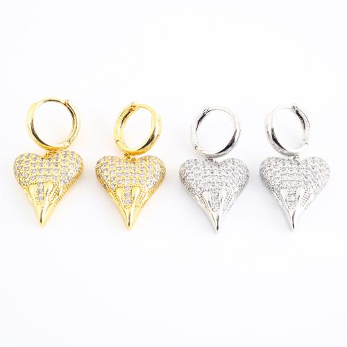 Brass Huggie Hoop Drop Earring Heart plated micro pave cubic zirconia & for woman Sold By Pair