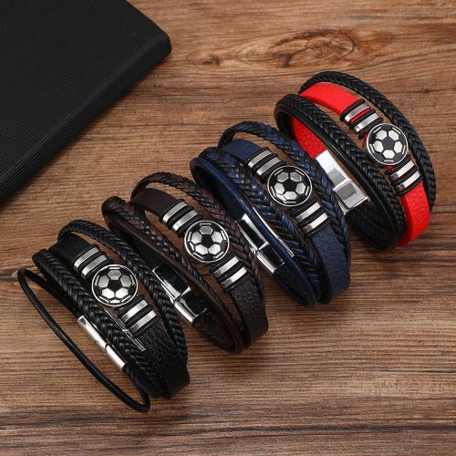 Cuero de vaca Pulsera, con Cuero de PU & aleación de zinc, fútbol, hecho a mano, multicapa & unisexo, más colores para la opción, longitud aproximado 18-23 cm, Vendido por UD