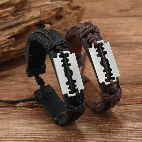 Cuero de vaca Pulsera, con Cuero de PU & Cordón de cera & aleación de zinc, hecho a mano, Vintage & para hombre, más colores para la opción, longitud aproximado 18-23 cm, Vendido por UD