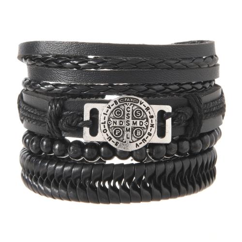 Cuero de vaca Pulsera, con Cuero de PU & Cordón de cera & aleación de zinc, hecho a mano, Vintage & multicapa & para hombre, longitud aproximado 18 cm, Vendido por Set