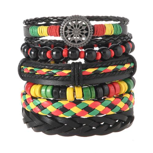 Cuero de vaca Pulsera, con Cuero de PU & Cordón de cera & aleación de zinc, hecho a mano, Vintage & multicapa & para hombre, multicolor, longitud aproximado 18 cm, Vendido por Set