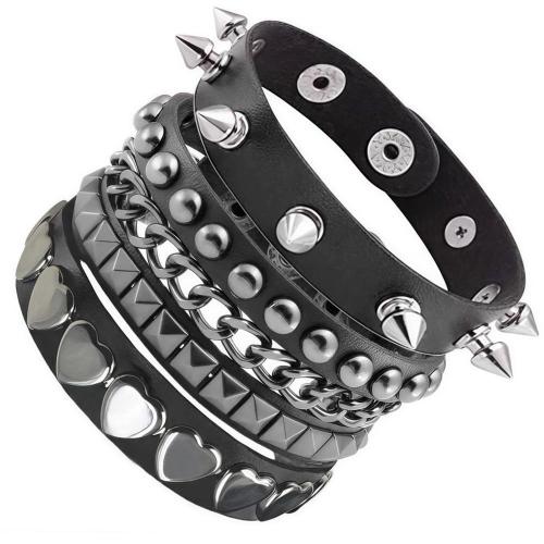 PU Bracelet, le Céir & Sinc Alloy, lámhdhéanta, multilayer & Wie ú Rive t s amháin d & stíleanna éagsúla do rogha & do fear, dubh, Fad Thart 18-23 cm, Díolta De réir PC