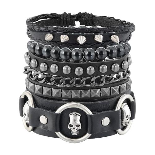 Cowhide Bracelet, le PU & Céir & Hematite & Sinc Alloy, lámhdhéanta, Wie ú Rive t s amháin d & stíl Punc & stíleanna éagsúla do rogha & do fear, dubh, Fad Thart 18-23 cm, Díolta De réir PC