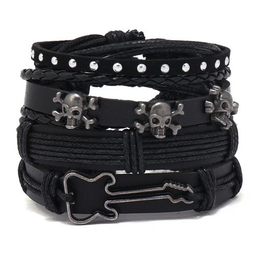Cowhide Bracelet Socraigh, le PU & Céir & Sinc Alloy, lámhdhéanta, multilayer & stíl Punc & do fear, dubh, Fad Thart 18 cm, Díolta De réir Socraigh
