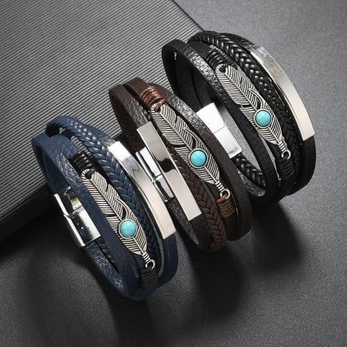 Cowhide Bracelet, le turquoise & PU & Céir & Sinc Alloy, Cleite, seanré & multilayer & do fear, dathanna níos mó le haghaidh rogha, Fad Thart 18 cm, Díolta De réir PC
