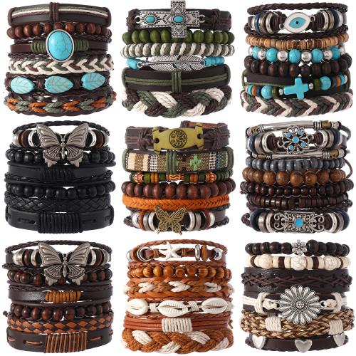 corda in pelle di vitello Bracciale Set, with turchese & PU & corda di cera & legno & lega in zinco, fatto a mano, multistrato & Stile bohémien & unisex, nessuno, Lunghezza Appross. 18-23 cm, Venduto da set