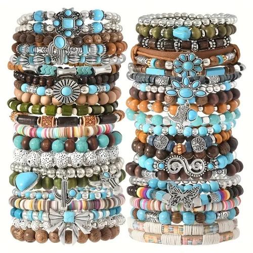 legno Bracciale Set, with Filo di cotone & turchese & filo elastico & lega in zinco, fatto a mano, inviato casualmente & quantità diversa per la scelta & multistrato & unisex, multi-colore, Diametro interno:Appross. 55mm, Venduto da set