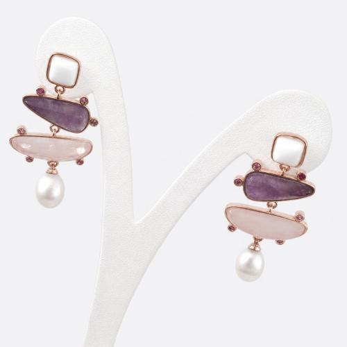 Zinc Alloy Drop Earring, met Zoetwater Parel & Amethist & Rozenkwarts, Geometrisch Patroon, plated, mode sieraden & voor vrouw, Verkocht door pair