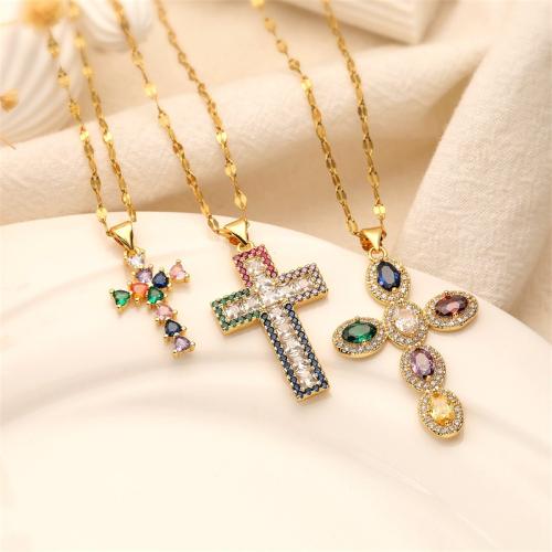 Brass Necklace with 5cm extender chain Cross gold color plated & micro pave cubic zirconia & for woman Length Approx 45 cm Sold By PC