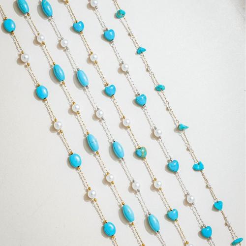 Decorative Beaded Chain 304 Stainless Steel with turquoise & Plastic Pearl plated DIY Sold By m