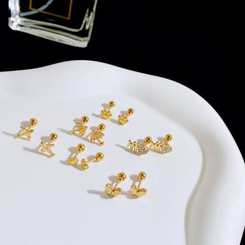 Titanium Steel Stud Earring gold color plated & for woman & with rhinestone Sold By Pair