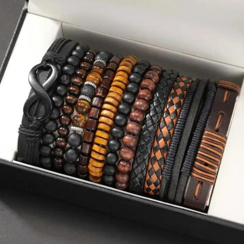 Cuero de PU Pulsera, con Coco & madera & aleación de zinc, hecho a mano, multicapa & unisexo, más colores para la opción, Vendido por Set