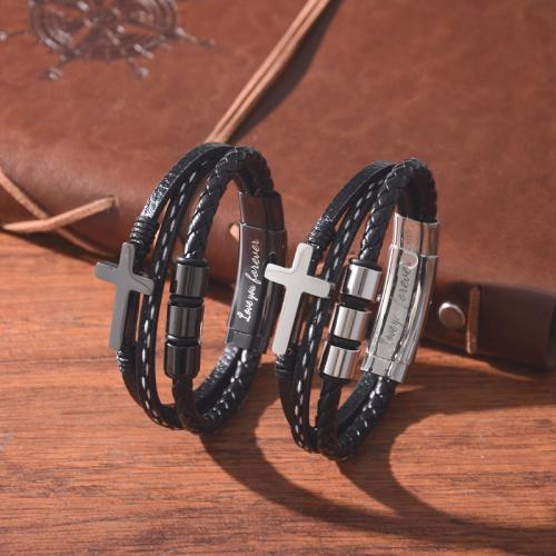 PU Leather Bracelet with 304 Stainless Steel Cross plated vintage & for man Length Approx 19-22 cm Sold By PC