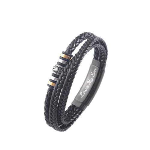 PU Leather Bracelet with 304 Stainless Steel vintage & multilayer & for man black Length Approx 19-22 cm Sold By PC