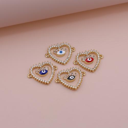 Evil Eye Connector Brass Heart gold color plated DIY & evil eye pattern & micro pave cubic zirconia & enamel Sold By PC