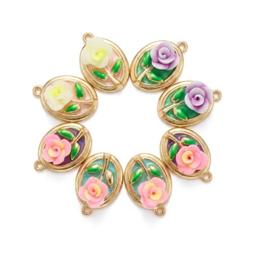 Colgantes de Fimo, Arcilla polimero, con aleación de zinc, Redondo Aplanado, chapado en color dorado, Bricolaje & con patrón de flores & esmalte, más colores para la opción, 21x15x8mm, agujero:aproximado 2mm, Vendido por UD