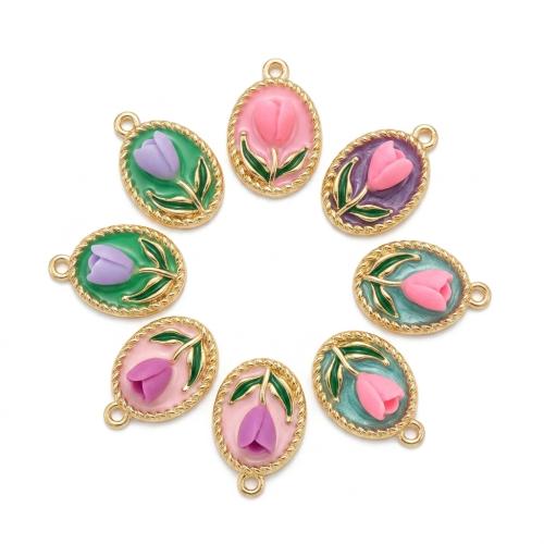 Polymer Clay Pendants with Zinc Alloy Flat Oval gold color plated DIY & with flower pattern & enamel Approx 2mm Sold By PC