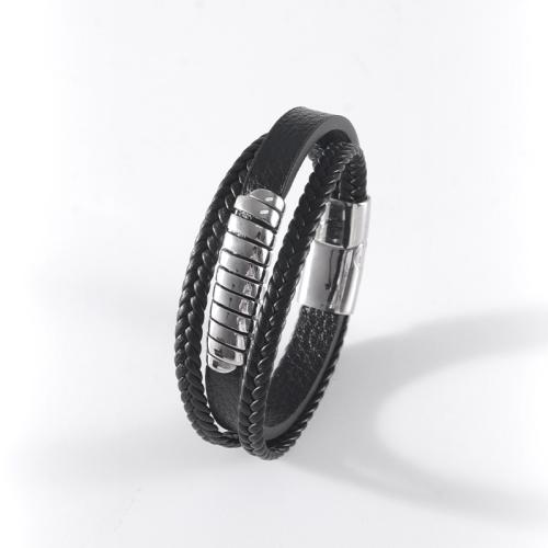 PU Leather Bracelet with 304 Stainless Steel multilayer & for man black Sold By PC
