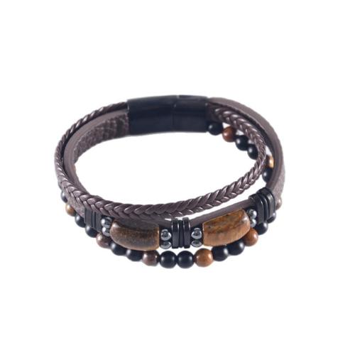 PU Leather Bracelet with Tiger Eye vintage & multilayer & for man Sold By PC