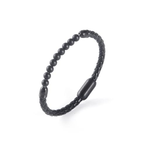 PU Leather Bracelet with Gemstone & 304 Stainless Steel handmade vintage & for man black Sold By PC