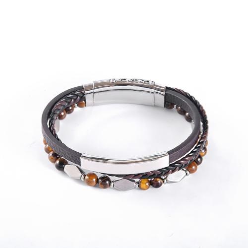 PU Leather Bracelet with Tiger Eye & 304 Stainless Steel polished vintage & multilayer & for man Length Approx 8.5 Inch Sold By PC