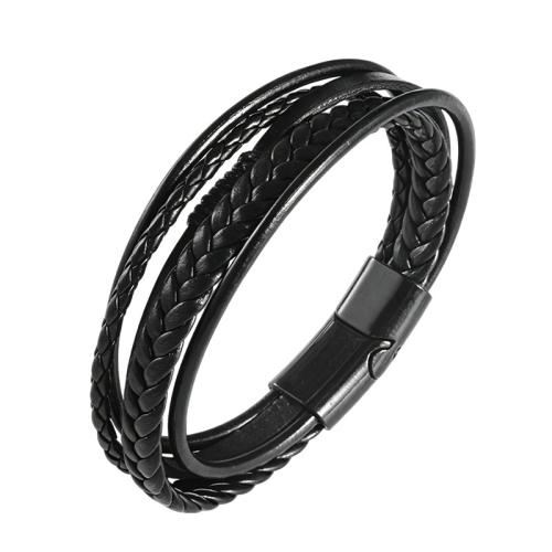 PU Leather Bracelet with Zinc Alloy handmade vintage & multilayer & for man black Sold By PC