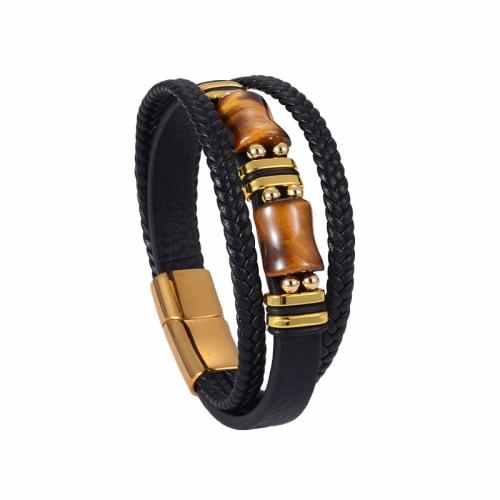 PU Leather Bracelet with Gemstone & 304 Stainless Steel multilayer & for man Sold By Strand