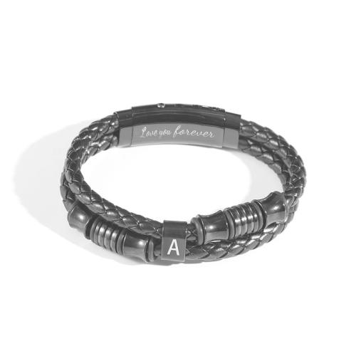 PU Leather Bracelet with 304 Stainless Steel plated Double Layer & vintage & for man black Length Approx 19-22 cm Sold By PC