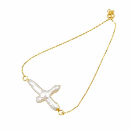 Freshwater Pearl Bracelet with Brass Cross gold color plated fashion jewelry & for woman Length Approx 18.5 cm Sold By PC