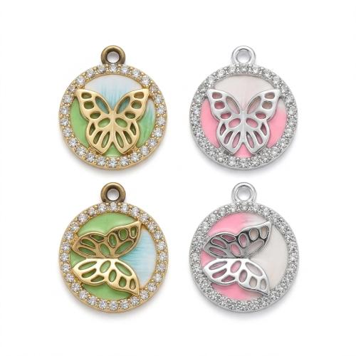 Polymer Clay Pendler, Flad Rund, forgyldt, du kan DIY & med butterfly mønster & emalje & med rhinestone, flere farver til valg, 21x18x3mm, Hole:Ca. 2mm, Solgt af PC