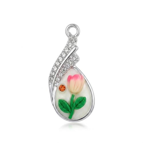 Polymer Clay Pendler, med Zinc Alloy, forgyldt, du kan DIY & med blomstermønster & emalje & med rhinestone, 28x15x10mm, Hole:Ca. 2mm, Solgt af PC