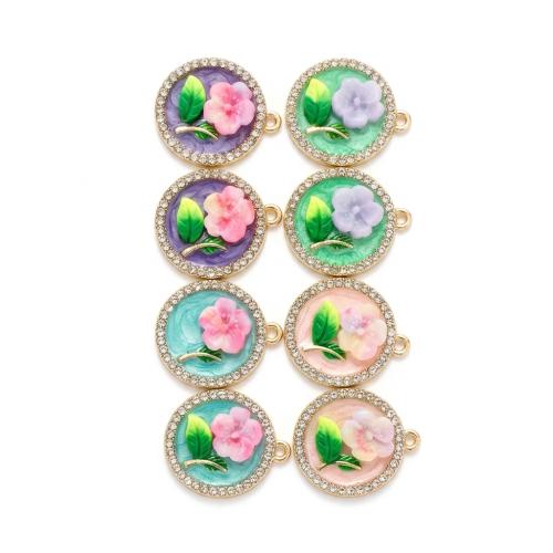 Polymer Clay Pendler, med Zinc Alloy, Flad Rund, forgyldt, du kan DIY & med blomstermønster & emalje & med rhinestone, flere farver til valg, 21x20x5mm, Hole:Ca. 2mm, Solgt af PC