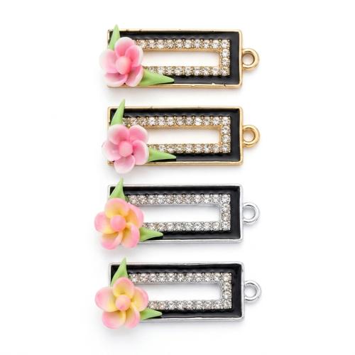 Polymer Clay Pendler, med Zinc Alloy, Rektangel, forgyldt, du kan DIY & med blomstermønster & emalje & med rhinestone, flere farver til valg, 21x12x10mm, Hole:Ca. 2mm, Solgt af PC