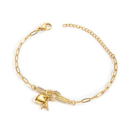 304 rustfrit stål Armbånd, med 1.97inch extender kæde, Alfabet bogstav, guldfarve belagt, Unisex & forskellige stilarter for valg & med rhinestone, Længde Ca. 6.5 inch, Solgt af PC