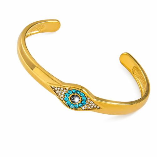 304 rustfrit stål Cuff Bangle, Evil Eye, for kvinde & med rhinestone, guld, Indvendig diameter:Ca. 60mm, Solgt af PC