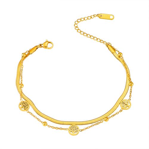 304 roestvrij staal Armband, met 5cm extender keten, Tree of Life, gold plated, Dubbele laag & voor vrouw & hol, Lengte Ca 16 cm, Verkocht door PC