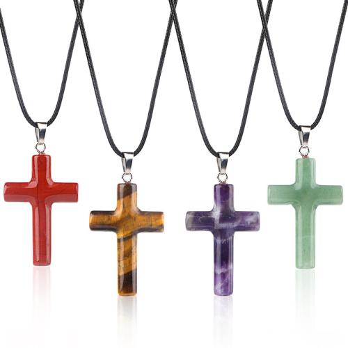 Gemstone Necklace with leather cord with 5cm extender chain Cross polished & Unisex Length Approx 45 cm Sold By PC