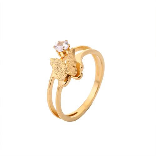 304 rustfrit stål Fingerring, Butterfly, forgyldt, forskellig størrelse for valg & forskellige stilarter for valg & for kvinde & med rhinestone & frosted, Størrelse:6-10, Solgt af PC