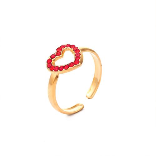 Aço inoxidável 304 Cuff Ring Finger, Coração, banhado, para mulher & com strass & vazio, Mais cores pare escolha, tamanho:6.5, vendido por PC