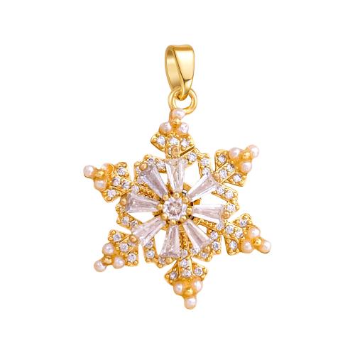 Terningformet Zirkon Micro Pave Messing vedhæng, med Plastic Pearl, Snowflake, forgyldt, du kan DIY & forskellige stilarter for valg & Micro Pave cubic zirconia, pendant size 17-29mm, Solgt af PC