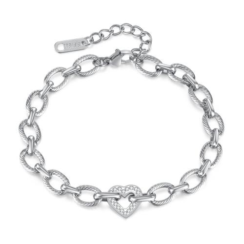 304 acciaio inox braccialetto, with 4cm extender chain, Cuore, placcato, Micro spianare cubic zirconia & per la donna, nessuno, Lunghezza Appross. 18 cm, Venduto da PC