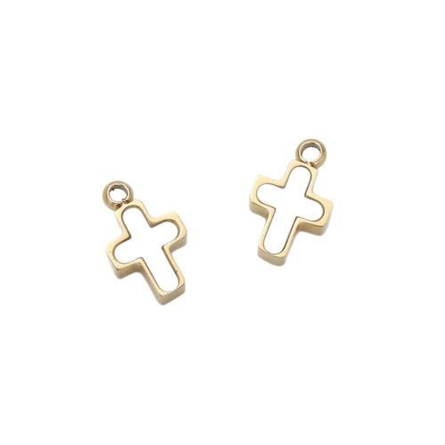 Nerūdijančio plieno Cross Pakabukai, 304 Nerūdijantis plienas, su Balta "Shell, Kirsti, aukso spalva padengtas, Pasidaryk pats, 6x10mm, 10kompiuteriai/Krepšys, Pardavė Krepšys
