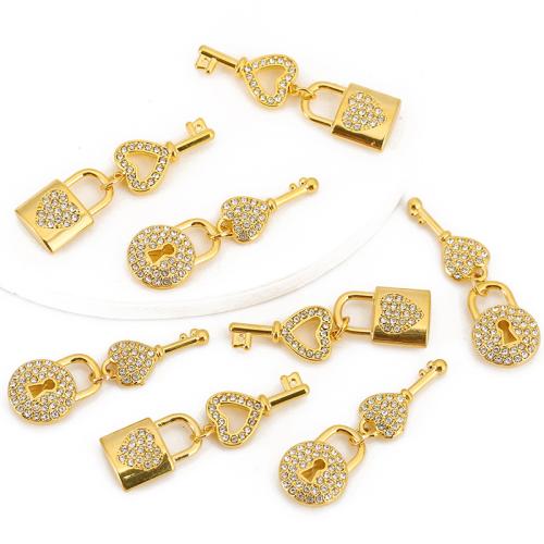 Stainless Steel Pendants 304 Stainless Steel Lock and Key gold color plated DIY & micro pave cubic zirconia Sold By PC