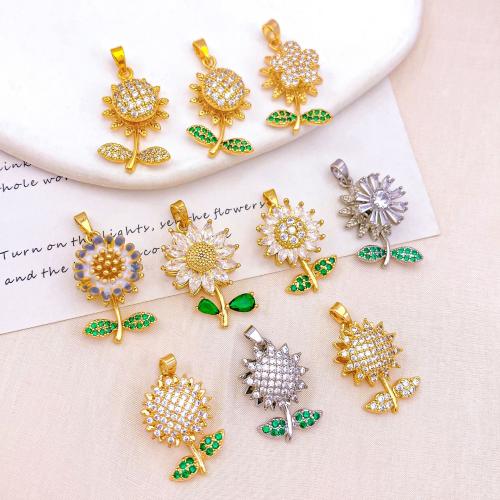 Цирконий Micro Pave латунь подвеска, Латунь, Подсолнечник, Другое покрытие, вращающийся & DIY & разные стили для выбора & инкрустированное микро кубического циркония, продается PC