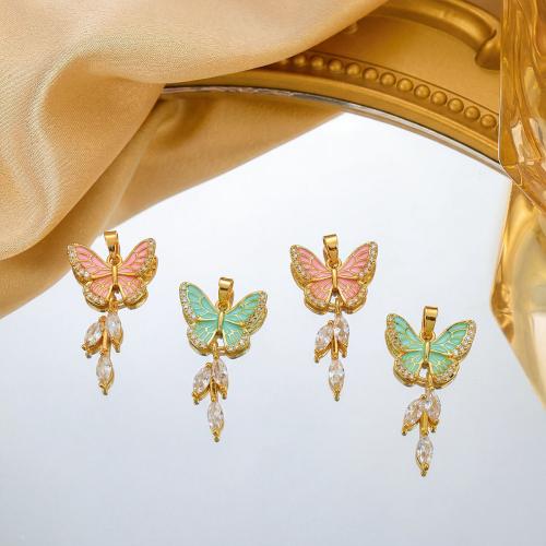 Cubic Zirconia Micro Pave Brass Pendants Butterfly gold color plated DIY & micro pave cubic zirconia & enamel Sold By PC