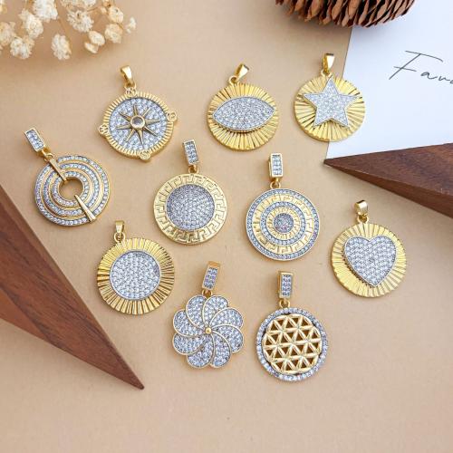 Messing hanger met micro-paved kubieke zirconia's, Rond plat, plated, DIY & verschillende stijlen voor de keuze & micro pave zirconia, pendant size 20-22mm, Verkocht door PC